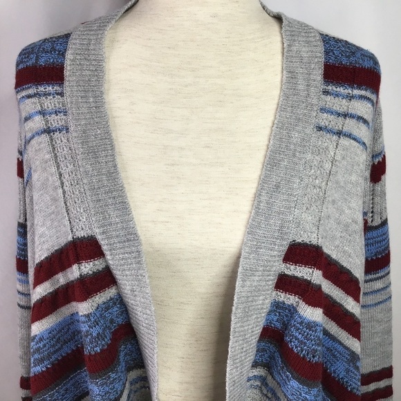 1175 Cardigan Sweater Size M Boho Fringe Soft Knit Gray Blue Burgundy - Picture 3 of 10